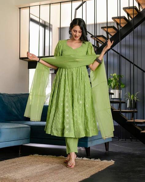 Green Embroidered Pleated Sequined Suit With Trousers & Dupatta