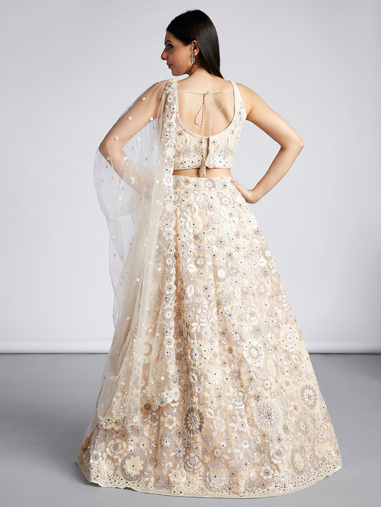 Cream - Net Heavy Sequined, Mirror and thread work embroidery Semi-Stitched Lehenga