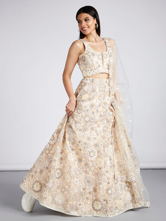 Cream - Net Heavy Sequined, Mirror and thread work embroidery Semi-Stitched Lehenga