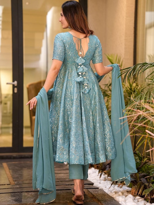 Embroidered Pleated Sequined Suit With Trousers & Dupatta