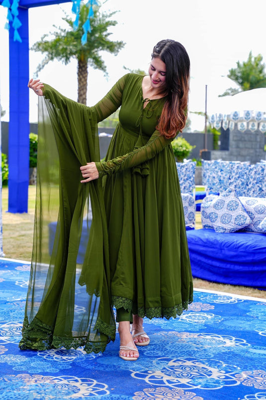Green Georgette Suit With Trousers & Dupatta