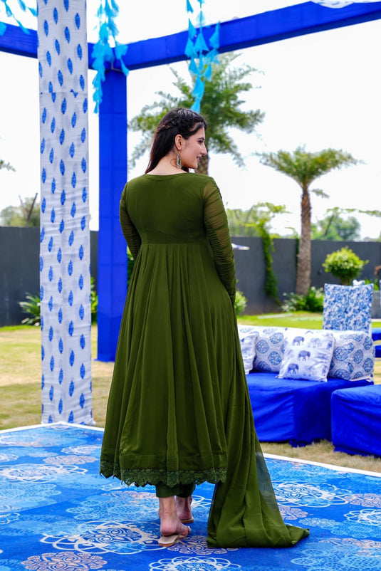 Green Georgette Suit With Trousers & Dupatta
