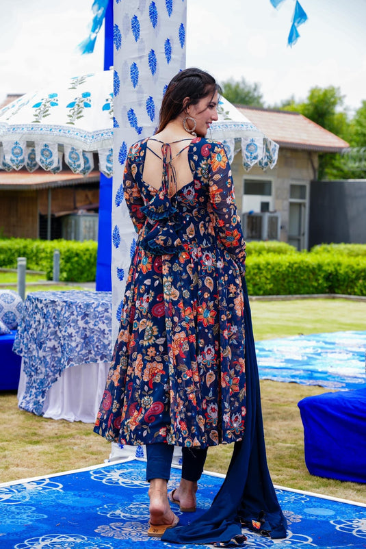 Printed Blue Embroidered Sequined Anarkali Suit Set