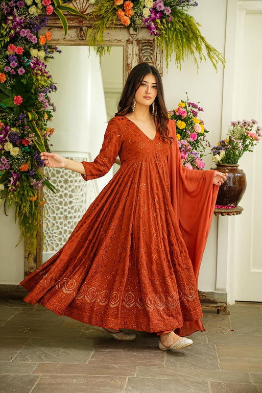 Floral Embroidered Pleated Sequined Suit With Trousers & Dupatta