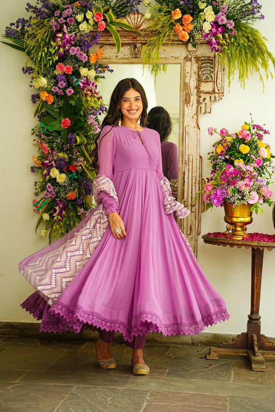 Purple Kali cut  Suit With Trousers & Embroidery Dupatta