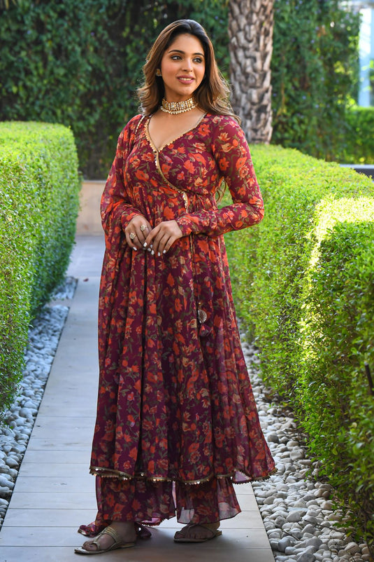 Maroon Floral Print Georgette Salwar Suit