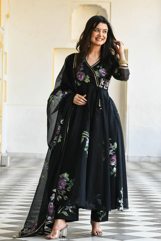 Black Floral Handpainted Organza Suit