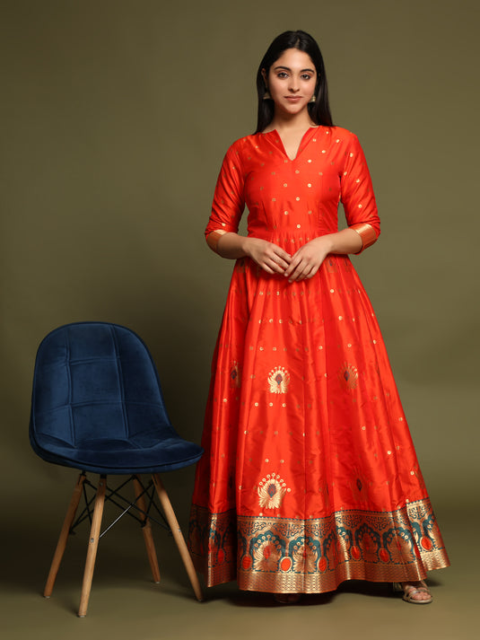 Vaani Creation Semi Stitched Jacquard Silk Gown (Free Size)