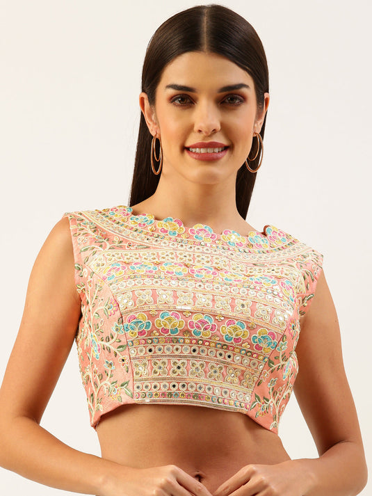 Coral Sequined Work Silk Readymade Blouse