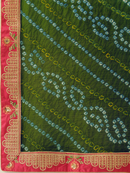 Satin Silk Thread Work Semi-Stitched Lehenga