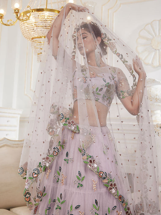 Net Embroidered Sequence Semi-Stitched Lehenga