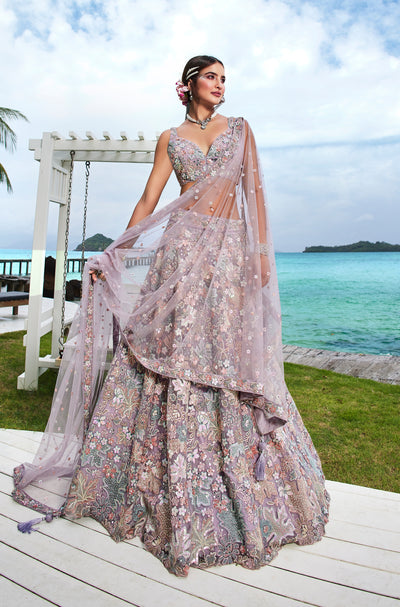 Lavender Color Multi Color Sequined Net Embroidered Semi Stitched Lehenga