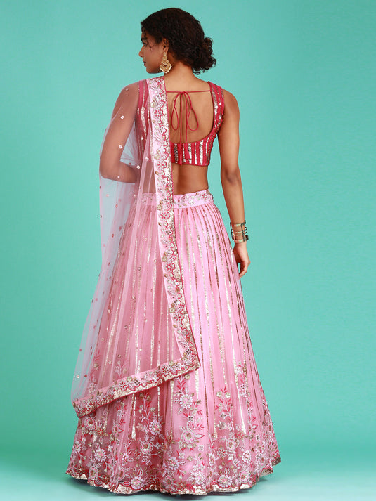 Pink Net Sequins Work Semi-Stitched Lehenga