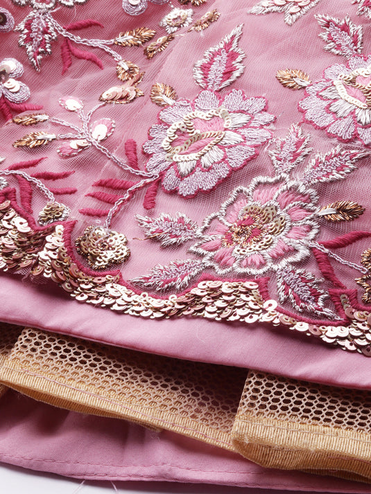 Pink Net Sequins Work Semi-Stitched Lehenga
