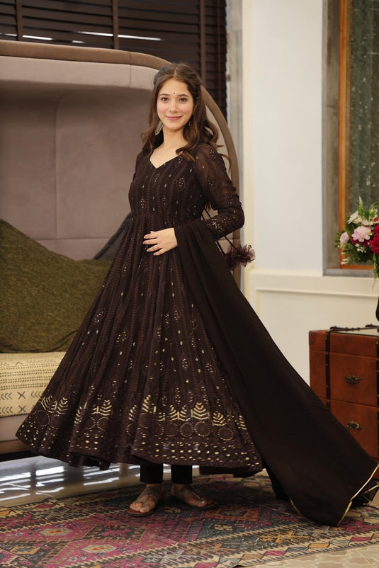 Brown Ethnic Motifs Embroidered Sequinned Kurta & Trousers With Dupatta
