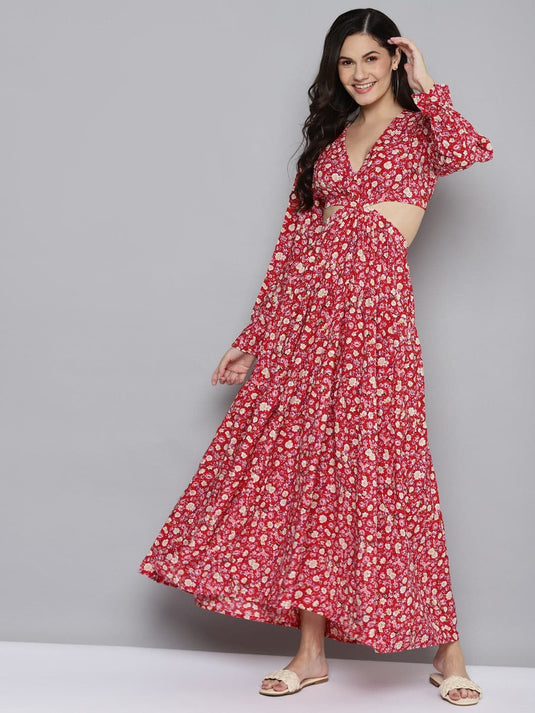 Women Red Ditsy Floral Waist Cut-Out Maxi Dress