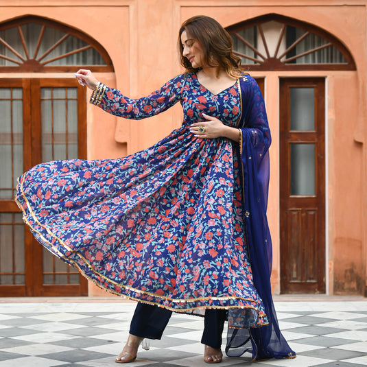 Deep Blue Floral Print Salwar Suit