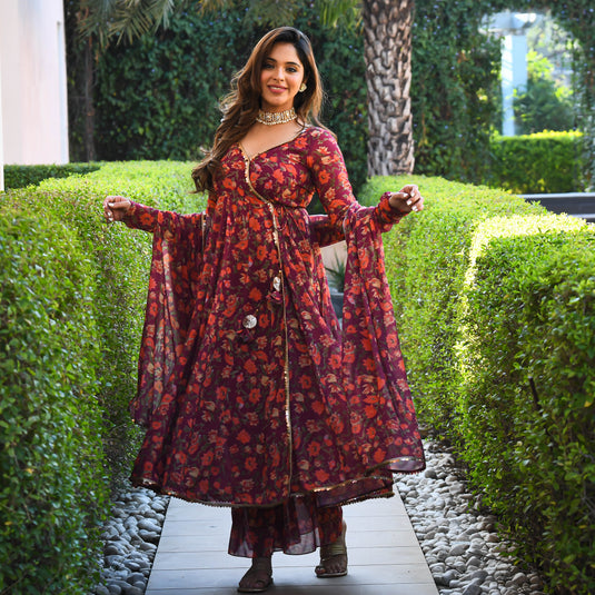 Maroon Floral Print Georgette Salwar Suit