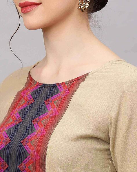 Chevron Pattern Neckline Straight Kurta Set