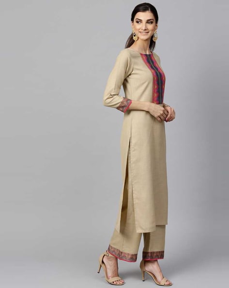 Chevron Pattern Neckline Straight Kurta Set