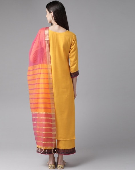 Chevron Pattern Neckline Straight Kurta Set