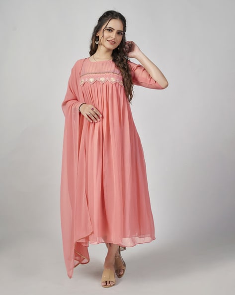 Embroidered Flared Kurta & Dupatta Set