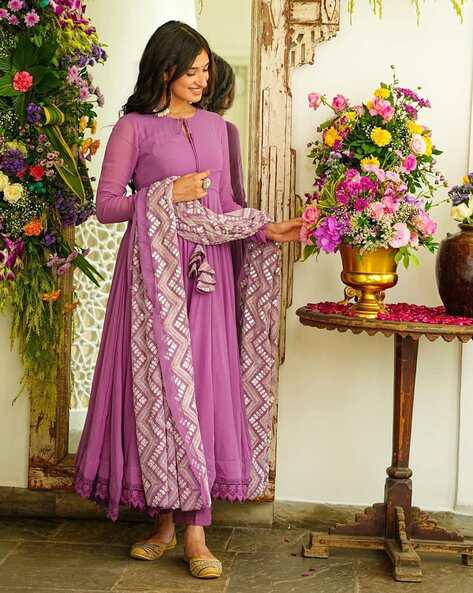 Women Embroidered Flared Kurta Set with Dupatta