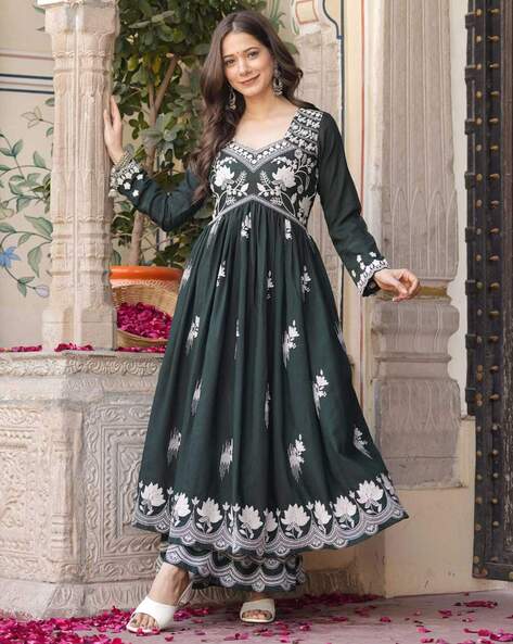 Women Embroidered Flared Kurta with Sharara