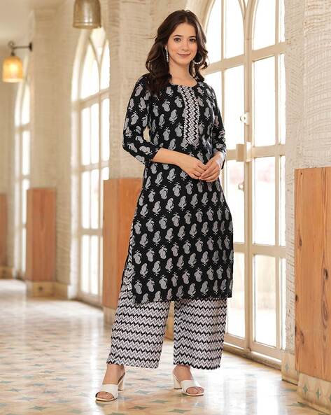 Women Block Print Straight Kurta & Palazzos Set