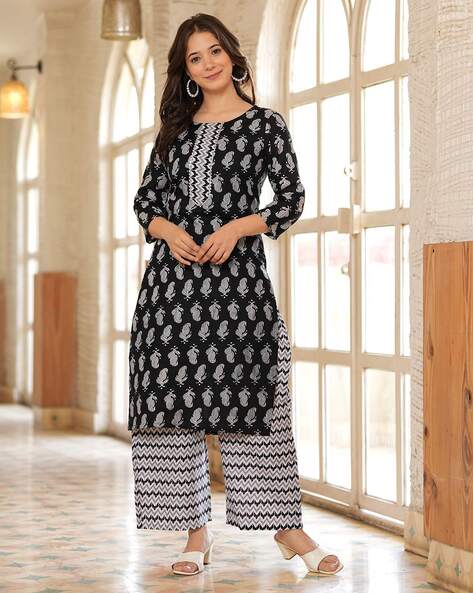 Women Block Print Straight Kurta & Palazzos Set