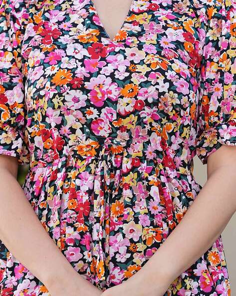 Women Floral Print Tiered Dress with Short Sleeves