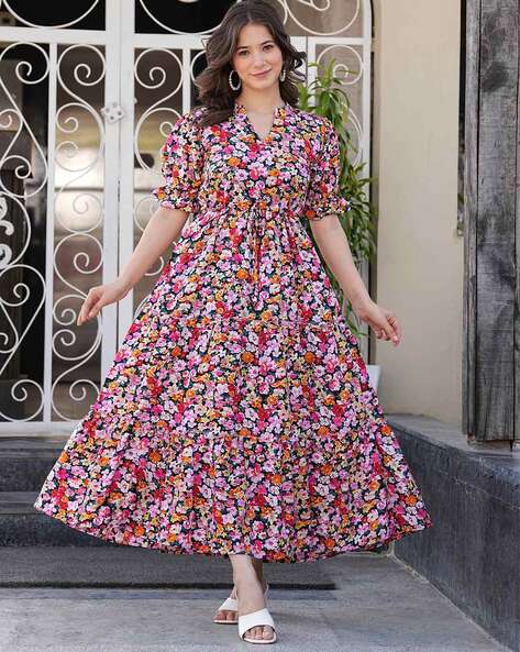 Women Floral Print Tiered Dress with Short Sleeves