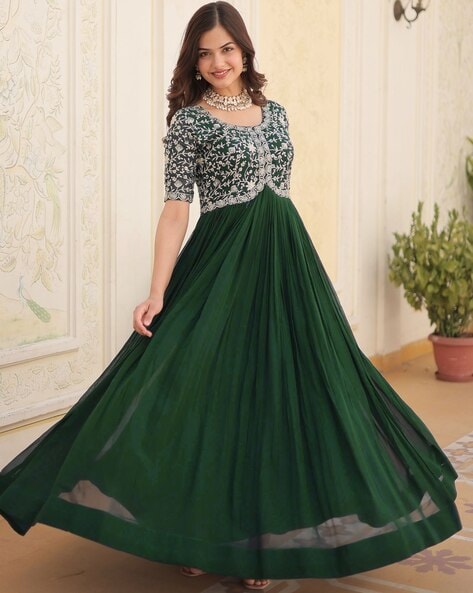 Women Embroidered Round-Neck Gown