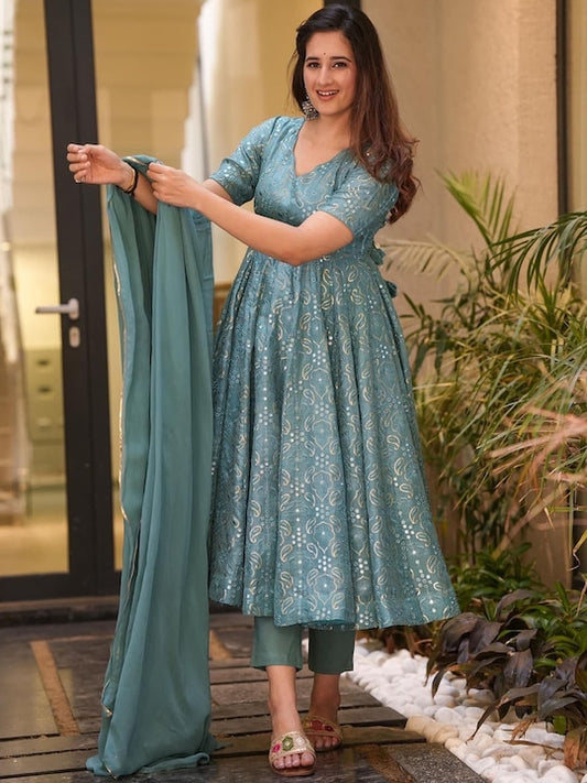 Embroidered Pleated Sequined Suit With Trousers & Dupatta