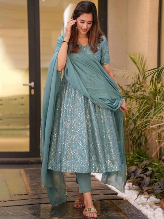 Embroidered Pleated Sequined Suit With Trousers & Dupatta
