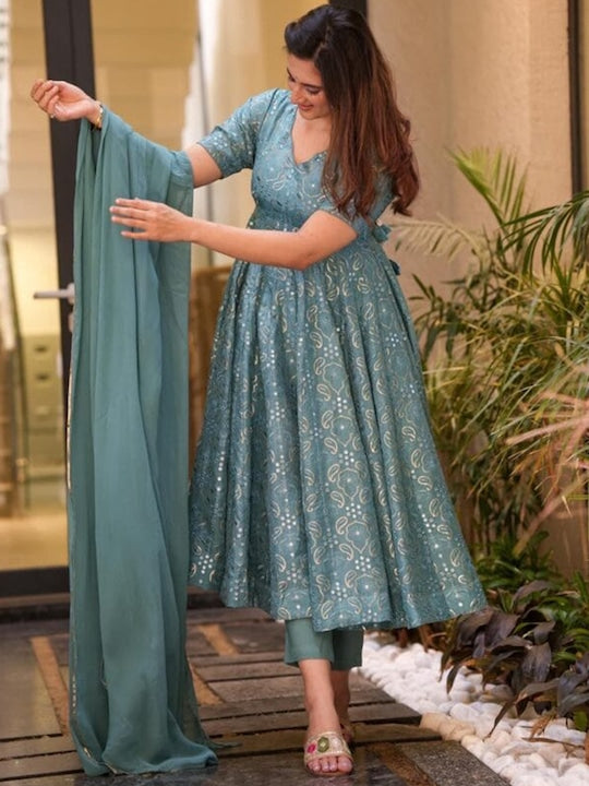 Embroidered Pleated Sequined Suit With Trousers & Dupatta