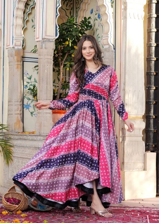 Women Bandhani Print Gown Dress with High-Low Hem