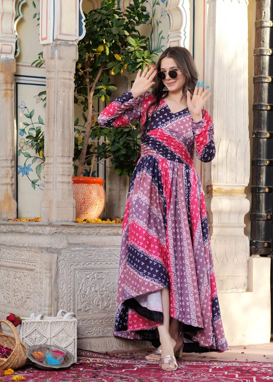 Women Bandhani Print Gown Dress with High-Low Hem