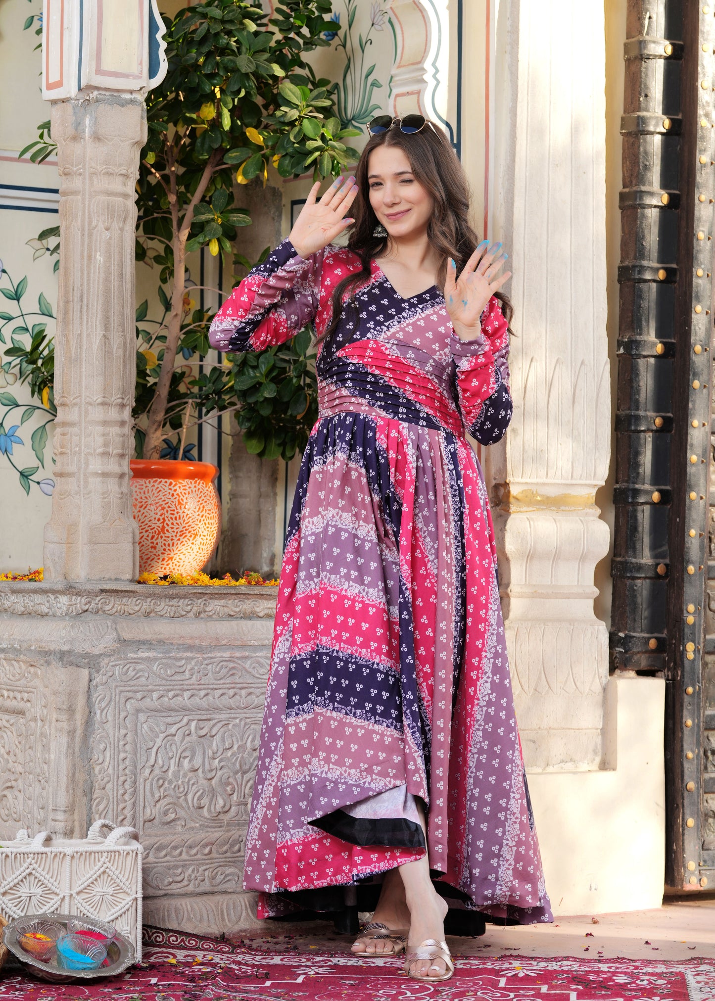 Women Bandhani Print Gown Dress with High-Low Hem