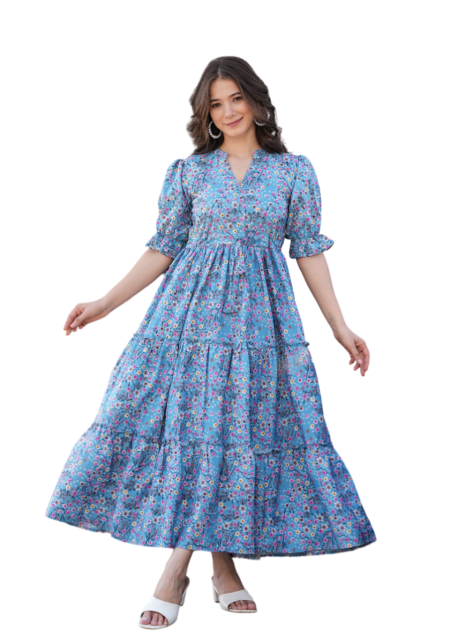 Women Floral Print Tiered Dress with Short Sleeves