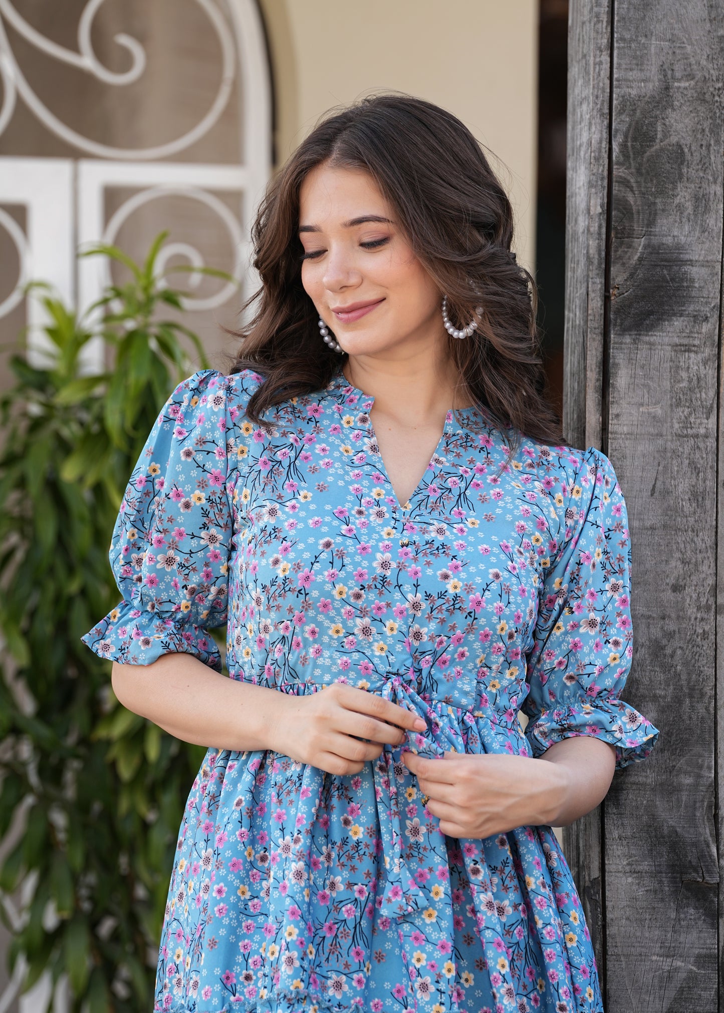 Women Floral Print Tiered Dress with Short Sleeves