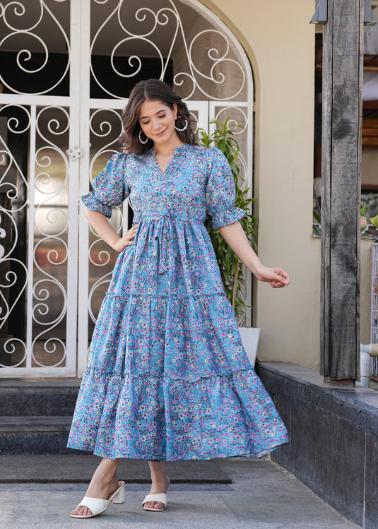 Women Floral Print Tiered Dress with Short Sleeves