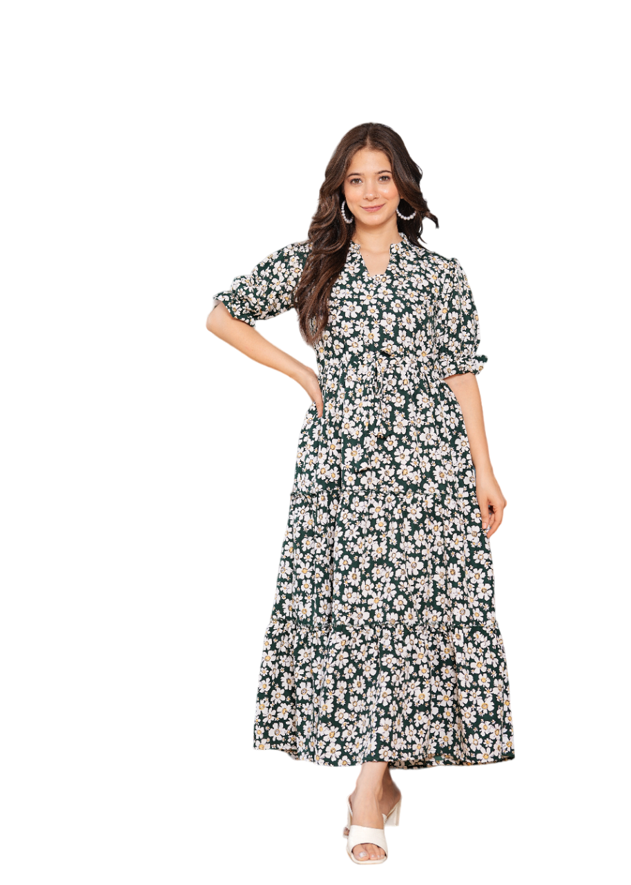 Women Floral Print Tiered Dress with Short Sleeves