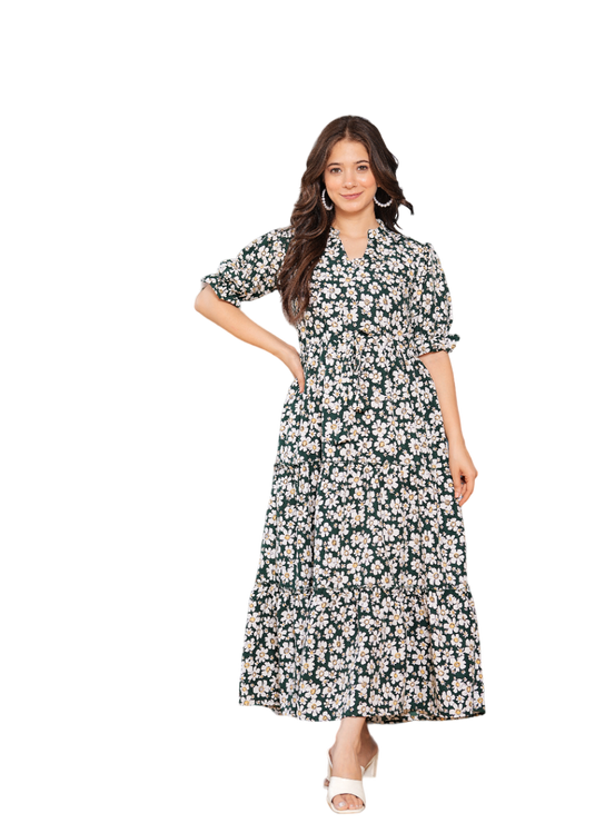 Women Floral Print Tiered Dress with Short Sleeves