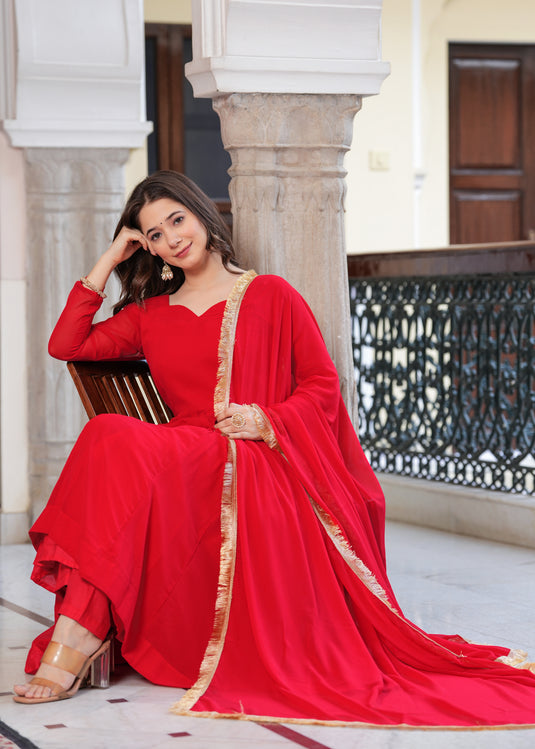 Vaani Creation Georgette Anarkali Kurta with Pant and Dupatta Set