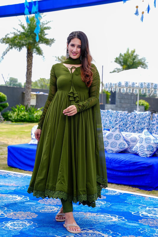 Green Georgette Suit With Trousers & Dupatta