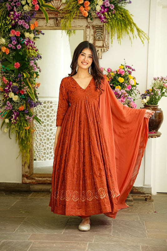 Floral Embroidered Pleated Sequined Suit With Trousers & Dupatta