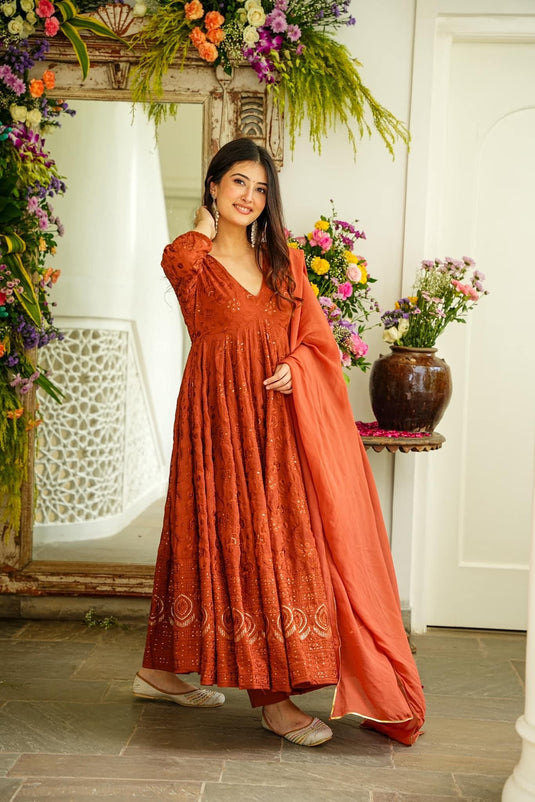 Floral Embroidered Pleated Sequined Suit With Trousers & Dupatta