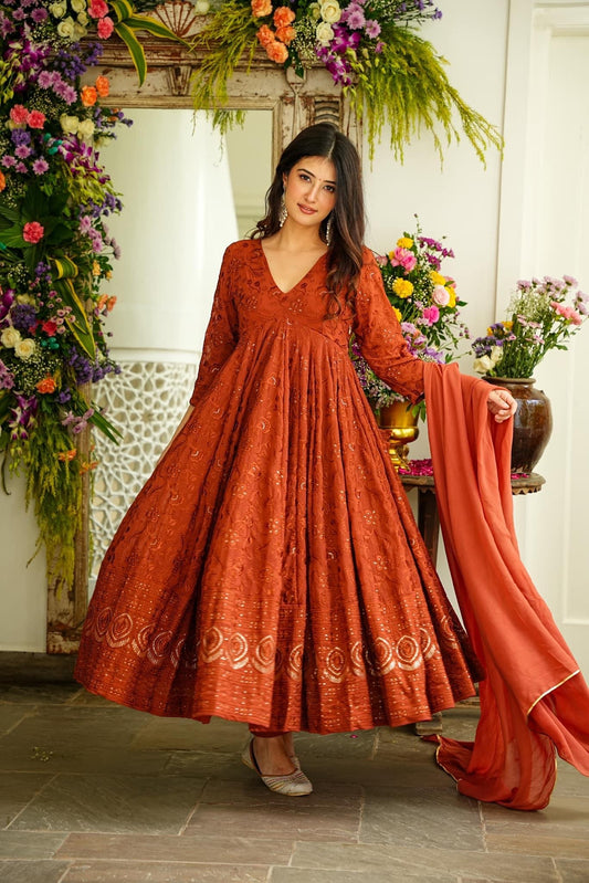 Floral Embroidered Pleated Sequined Suit With Trousers & Dupatta