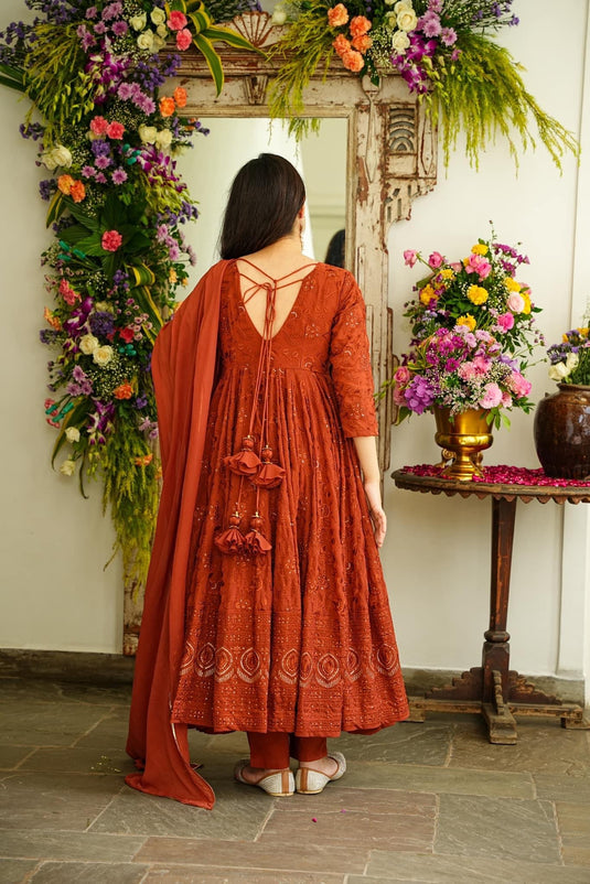 Floral Embroidered Pleated Sequined Suit With Trousers & Dupatta